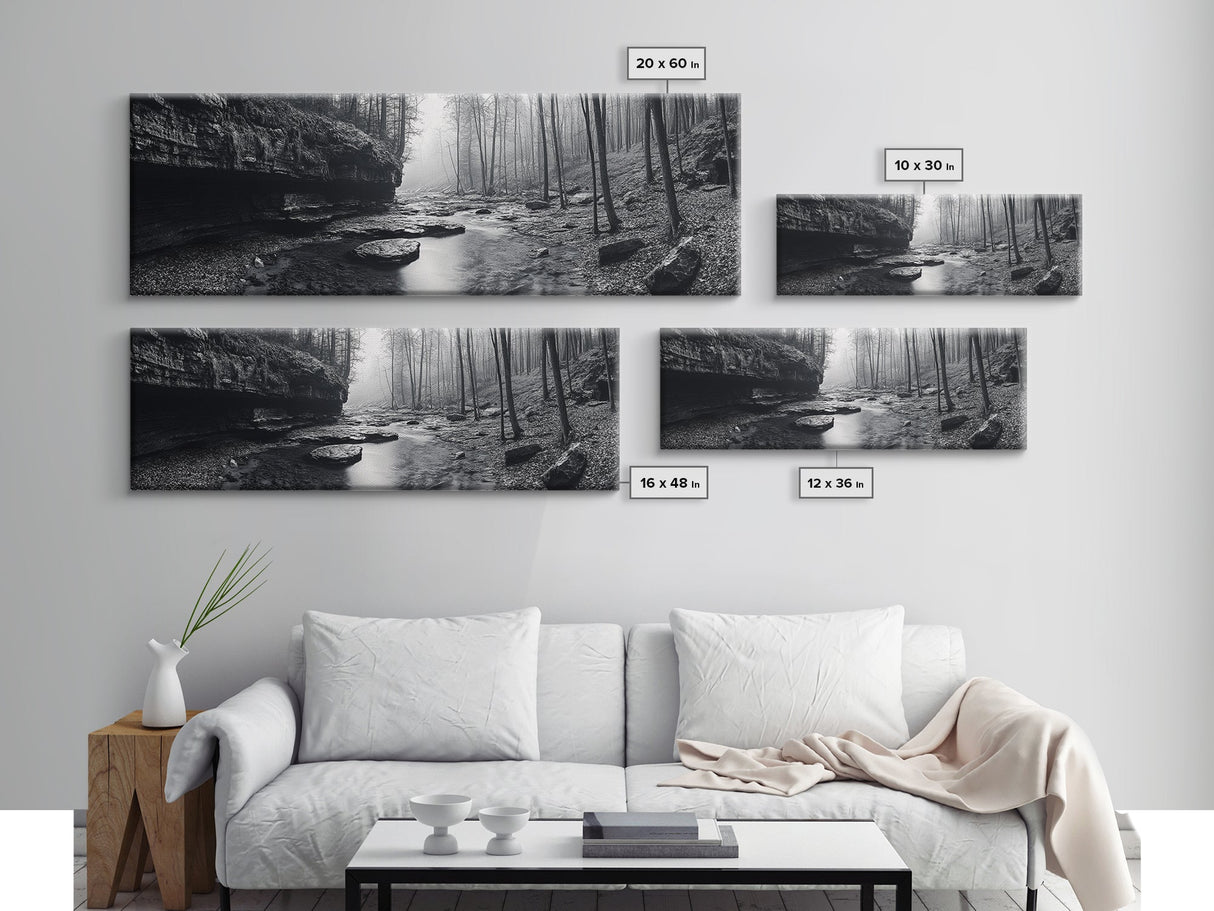 Misty River, Tranquil Forest, Autumn Nature, Monochrome Photography, Framed Canvas Print, Bedroom Wall Art, Rustic Decor, Minimalist Style