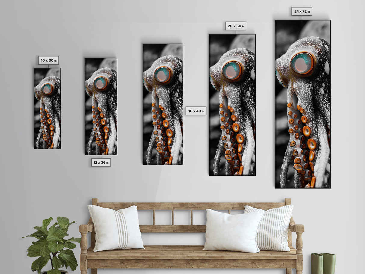 Octopus Closeup, Ocean Creature, Tentacle Texture, Framed Canvas Print, Marine Life Art, Nautical Bathroom Decor, Moody Coastal Wall Art