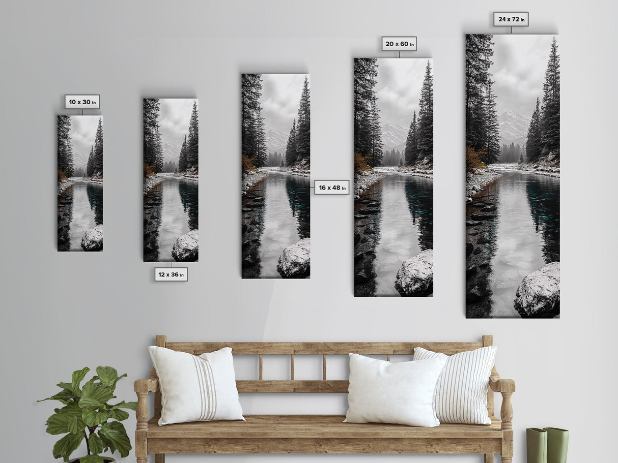Mountain River, Forest Reflections, Nature Tranquility, Winter Pines, Canvas Print, Serene Landscape Wall Art, Bedroom Cabin Decor