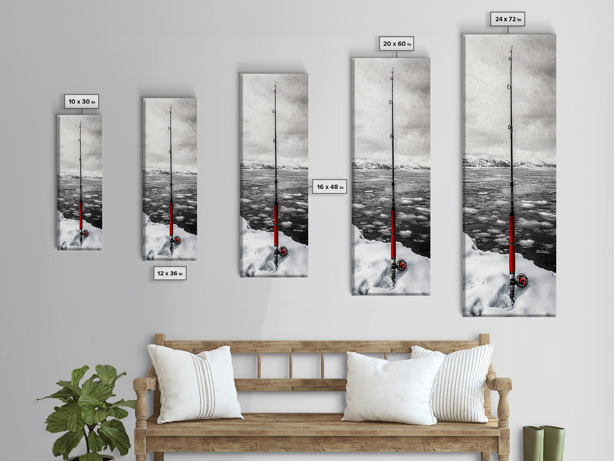 Ice Fishing Rod, Snow Adventure, Winter Sport, Framed Canvas Print, Man Cave Decor, Rustic Cabin Wall Art, Outdoor Lifestyle Photography