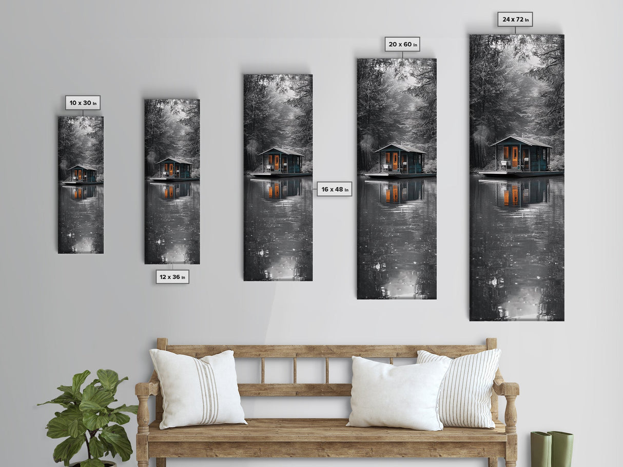 Cabin Reflection, Lake House Art, Cozy Forest Home, Canvas Print, Winter Wall Decor, Rustic Bedroom Artwork, Cabin Lover Gift