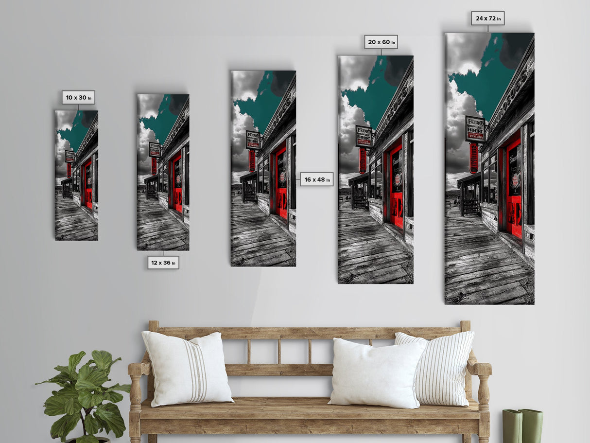 Wild West, Red Door, Desert Town, Saloon Art, Framed Canvas Print, Cowboy Wall Art, Western Decor, Rustic Bar Style, Americana Vibes