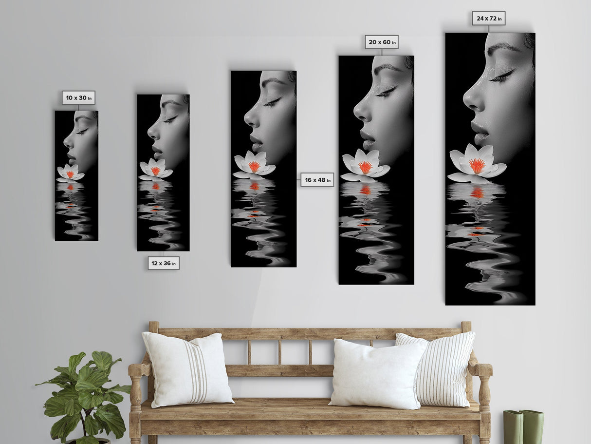 Lotus Beauty, Reflection Art, Feminine Calm, Elegant Profile, Framed Canvas Print, Spa Wall Art, Zen Decor, Minimalist Bathroom Art