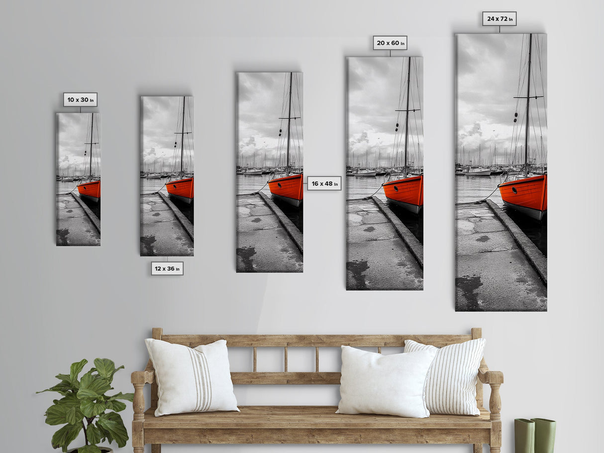 Vibrant Boat, Dockside Scene, Nautical Decor, Color Accent, Framed Canvas Print, Black and White Photography, Coastal Wall Art, Bathroom Art