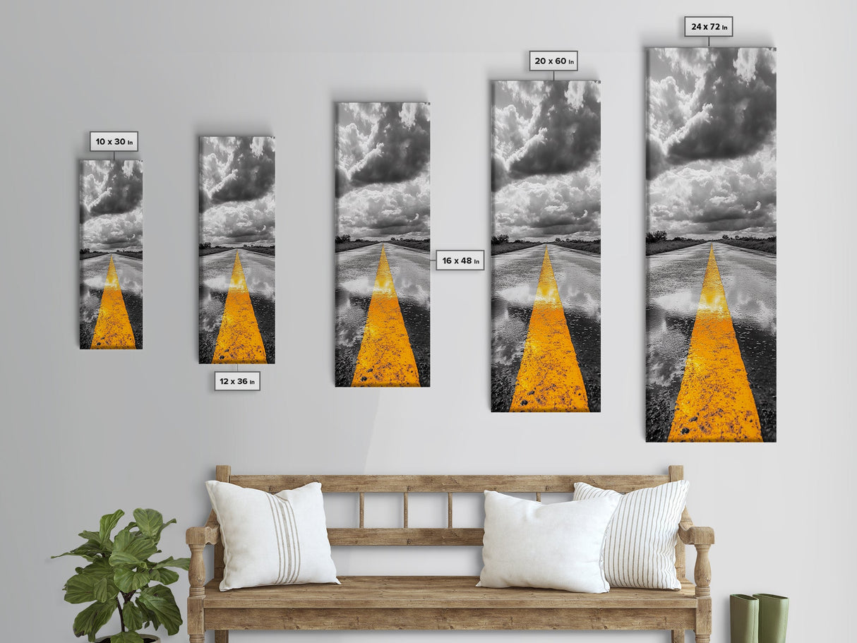 Yellow Road Line, Moody Highway, Stormy Skies, Monochrome Vibes, Framed Canvas Print, Modern Office Art, Minimalist Photography Decor
