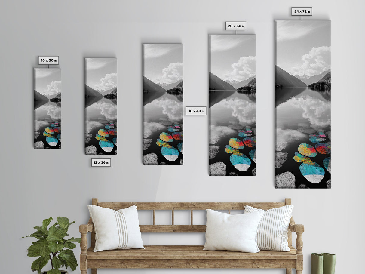 Lake Pebbles Art, Colorful Stones, Mountain Reflection, Calm Waterscape, Canvas Print, Zen Decor, Boho Lake Art, Bathroom Wall Art