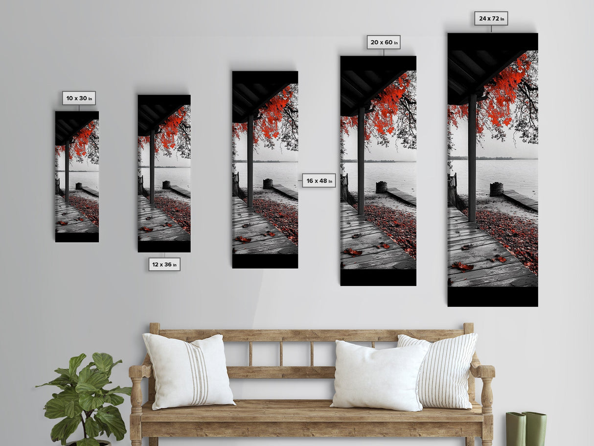 Fall Porch Scene, Lakeview Autumn, Red Leaves Deck, Tranquil Water, Canvas Print, Rustic Wall Art, Cozy Cabin Decor, Entryway Style