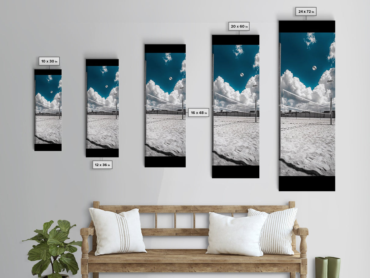 Volleyball Court, Sky Clouds, Summer Game, Framed Canvas Print, Sports Room Wall Art, Minimalist Athletic Decor, Outdoor Lifestyle Art