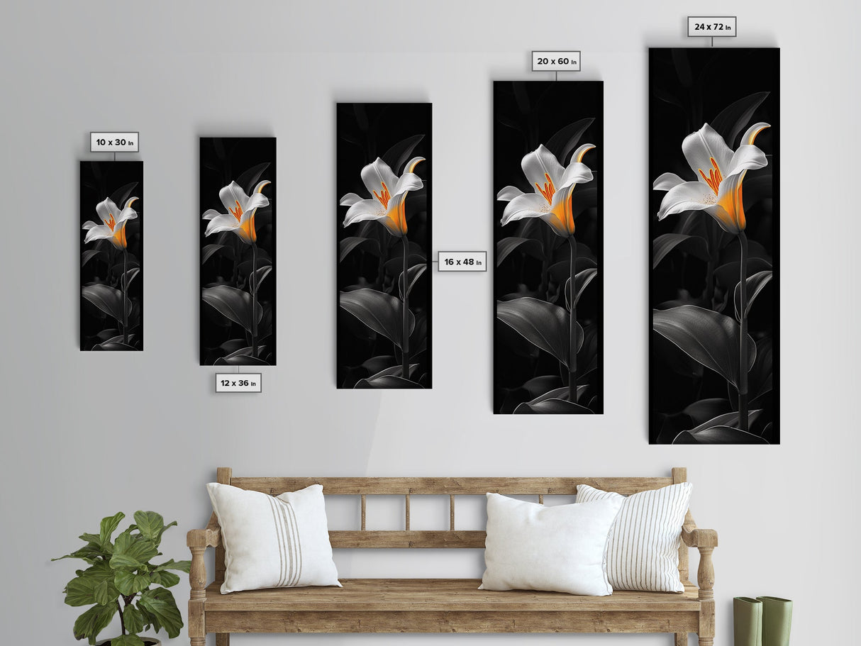 White Lily Bloom, Moody Flower Art, Dark Botanical, Elegant Glow, Framed Canvas Print Bedroom Wall Art, Modern Floral Minimalist
