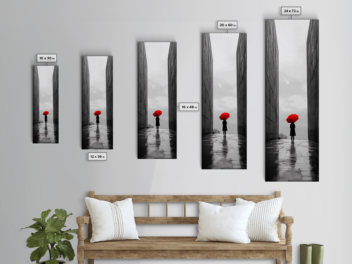 Red Umbrella, Rainy Day, Urban Silhouette, Framed Canvas Print, Minimalist Wall Art, Modern Entryway Decor, Monochrome Mood