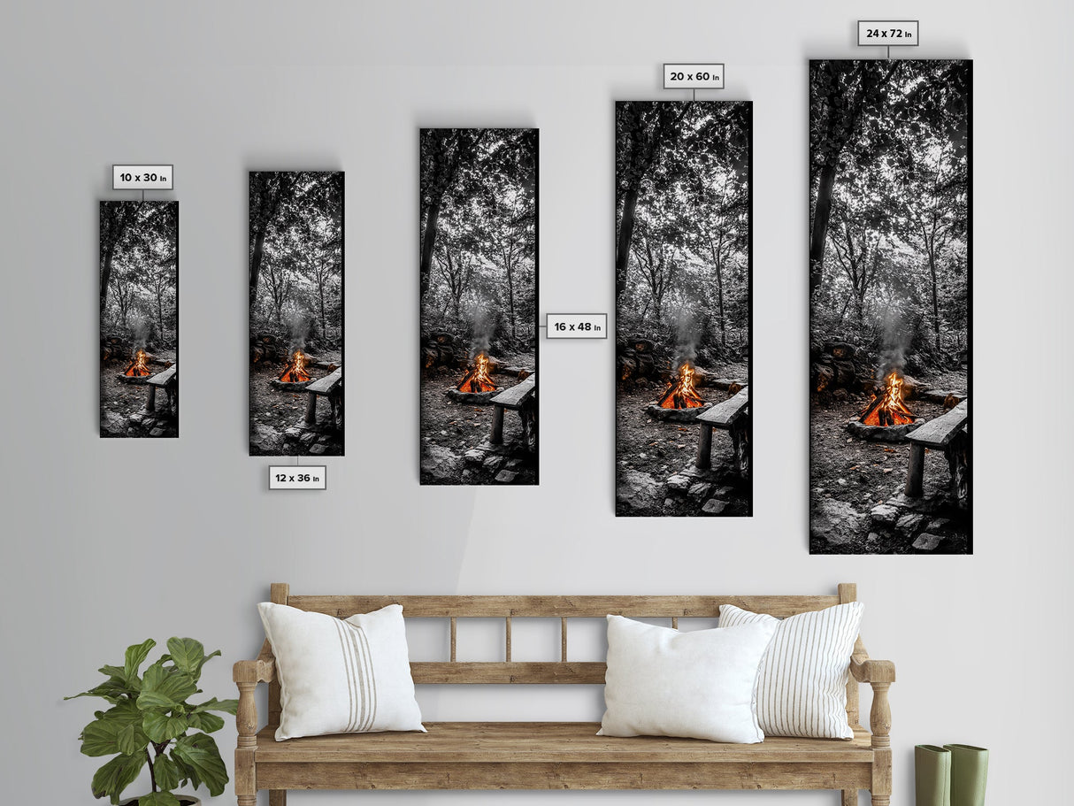 Forest Firepit, Glowing Flames, Wilderness Night, Framed Canvas Print, Camping Wall Art, Rustic Fall Decor, Cabin Living Style