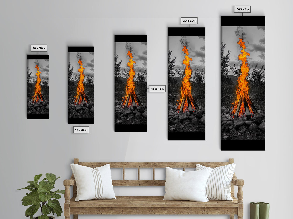 Towering Flame, Wild Fire Blaze, Dramatic Camp Scene, Canvas Print, Outdoor Wall Art, Autumn Adventure Decor, Rustic Nature Style