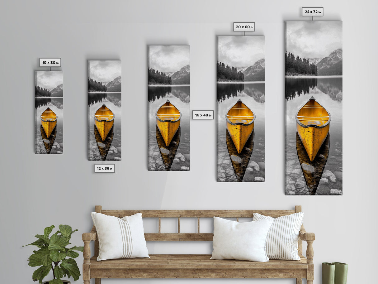 Yellow Canoe, Peaceful Lake, Mountain Reflections, Canvas Print, Nature Lover Gift, Minimalist Wall Art, Cabin Living Room Decor