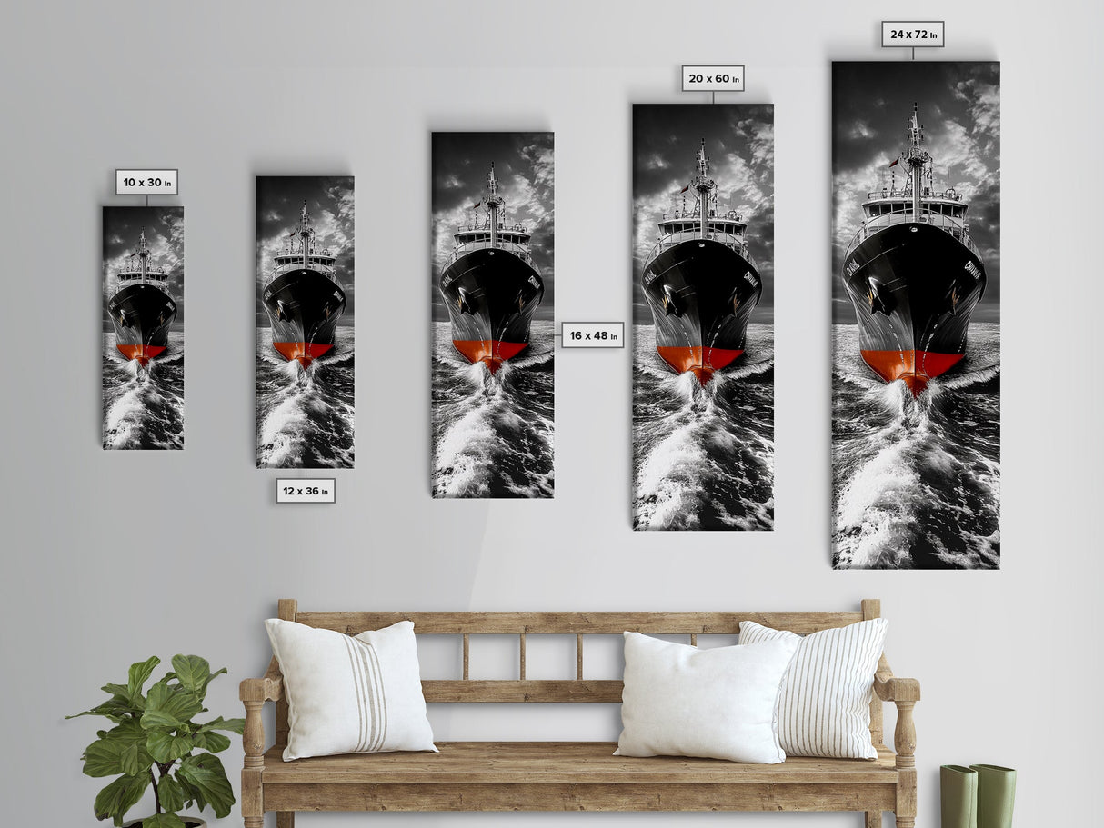 Bold Black Ship, Ocean Storm Photography, Nautical Adventure Decor, Canvas Print, Modern Coastal Wall Art, Moody Living Room Art