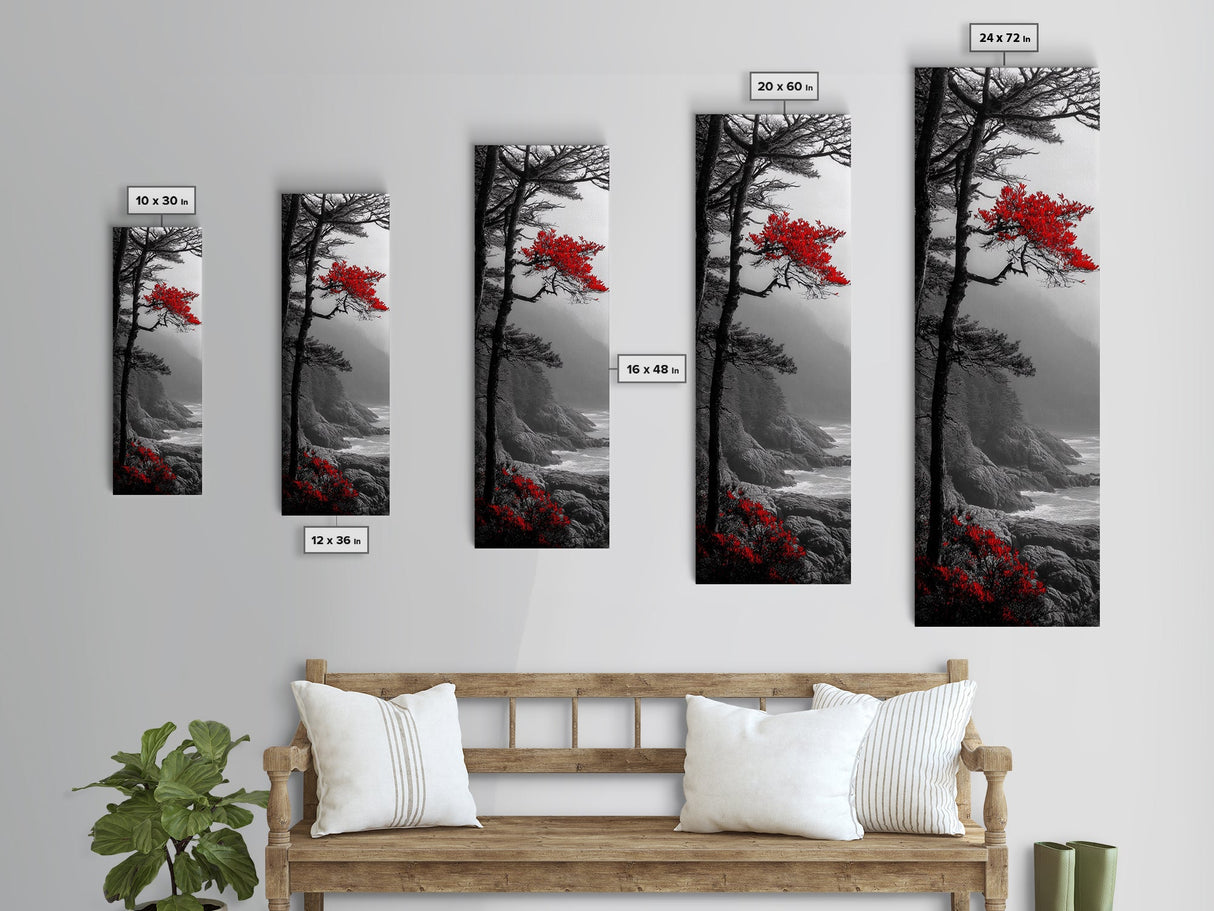 Red Tree, Misty Coast, Autumn Serenity, Coastal Nature Wall Art, Framed Canvas Print, Moody Landscape, Fall Living Room Decor, Minimalist Art