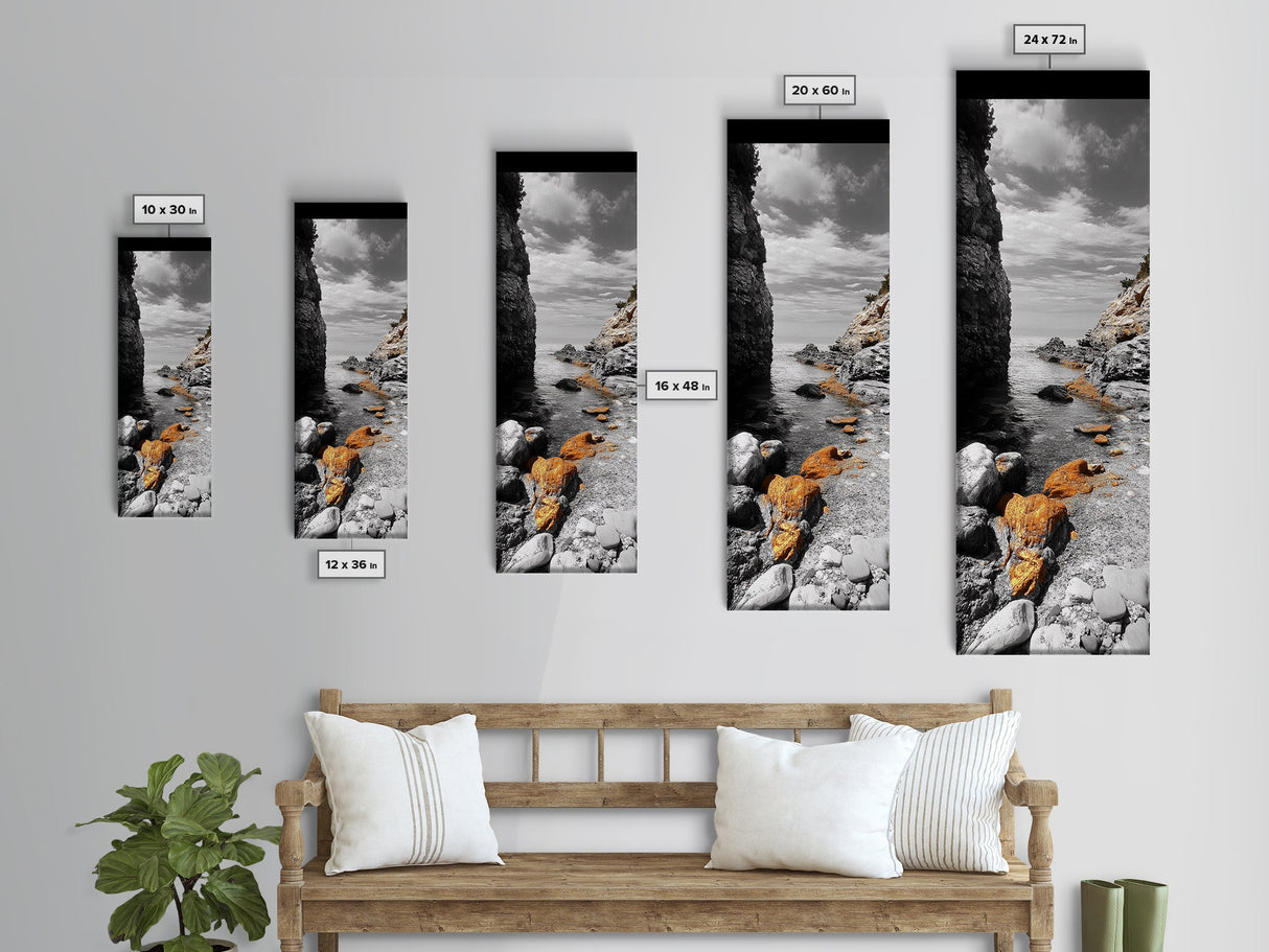 Golden Rocks, Ocean Cove, Tranquil Shoreline, Nature Wall Decor, Canvas Print, Modern Coastal Art, Bathroom or Hallway Wall Art, Neutral Tones