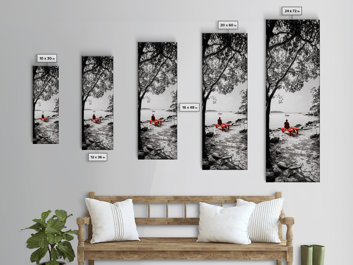 Lonely Figure, Red Bench, Reflective Scene, Peaceful Beach Wall Art, Framed Canvas Print, Black and White Photography, Zen Room Decor