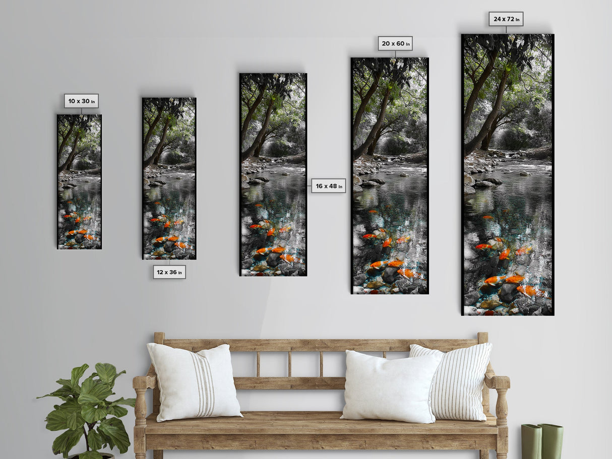 Koi Pond, Peaceful Water, Zen Garden Vibes, Orange Fish, Reflective Nature, Framed Canvas Print, Serene Bedroom Wall Art, Living Room Art