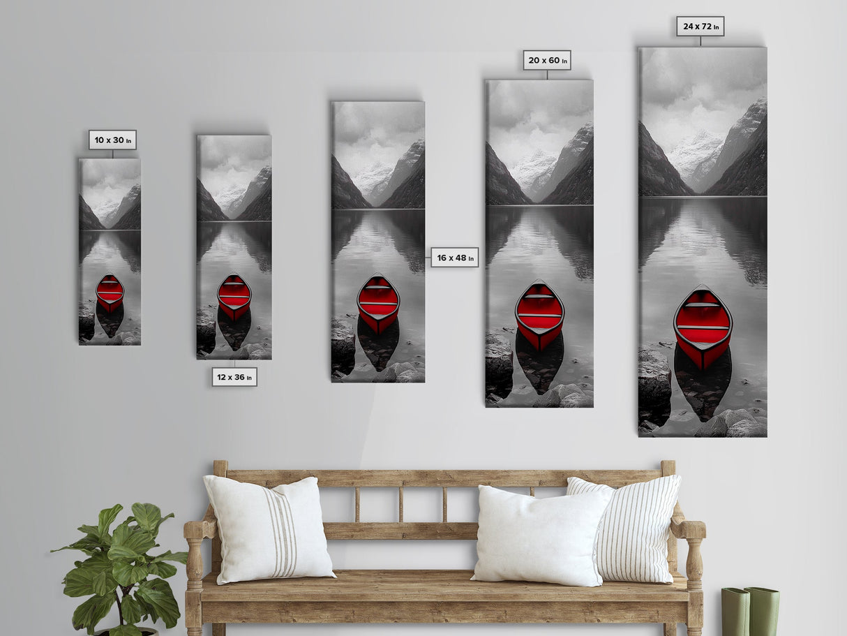 Red Canoe, Mountain Lake, Minimalist Reflection, Snowy Peaks, Framed Canvas Print, Nordic Cabin Wall Art, Serene Bedroom Decor