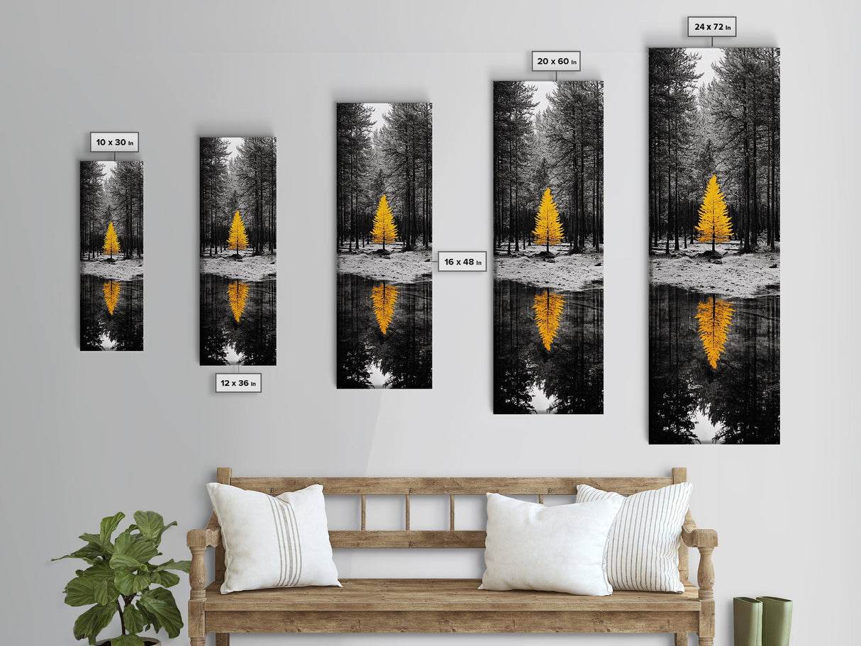 Golden Tree, Forest Reflection, Autumn Solitude, Nature Focused Minimalism, Framed Canvas Print, Zen Bathroom or Office Wall Art
