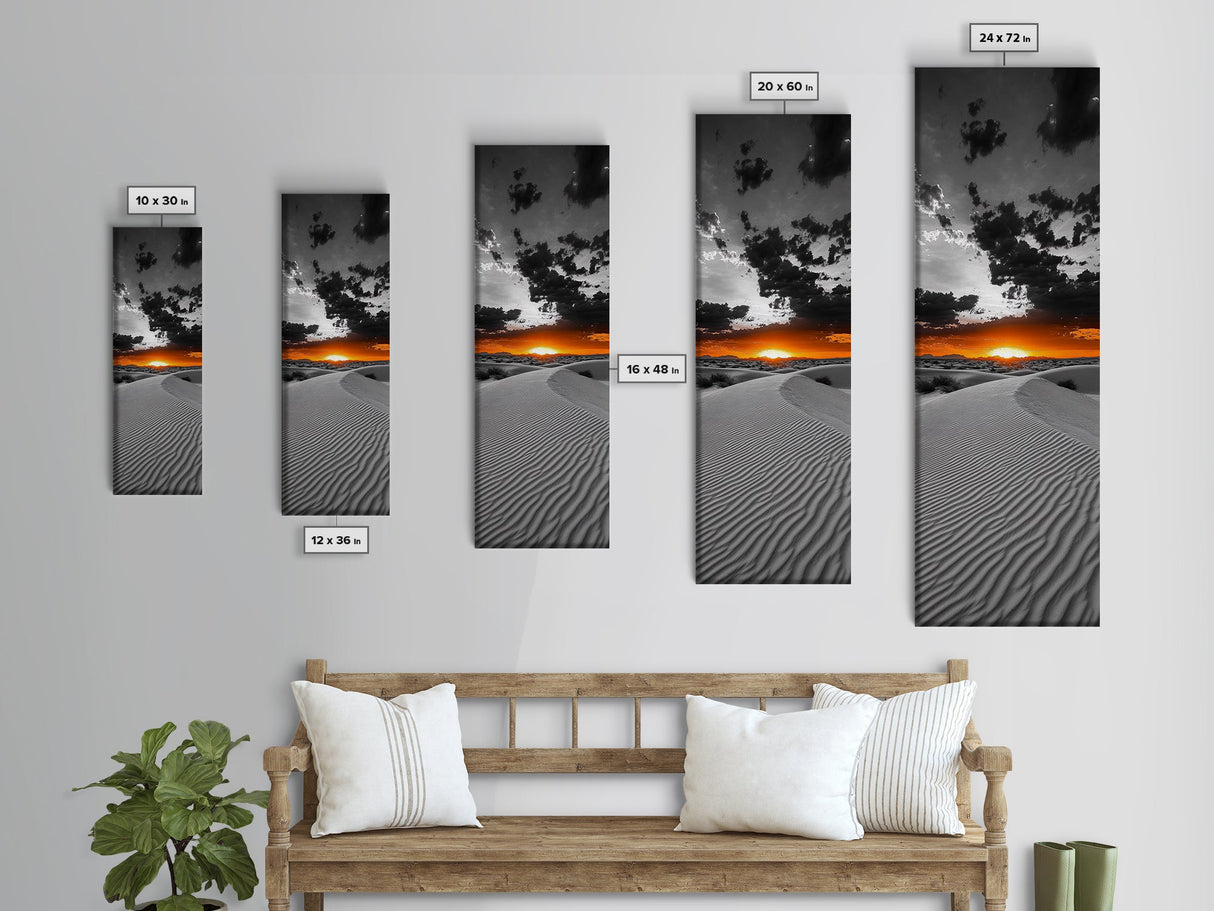 Desert Sunset, Sand Dunes, Fiery Horizon, Dramatic Sky, Framed Canvas Print, Modern Living Room Wall Art, Boho Earth Tone Decor