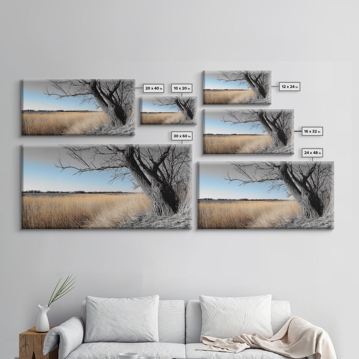 Open Plains, Blue Sky, Rustic Tree, Minimalist Field, Canvas Print, Country Style Wall Art, Farmhouse Hallway Decor, Soft Landscape Mood