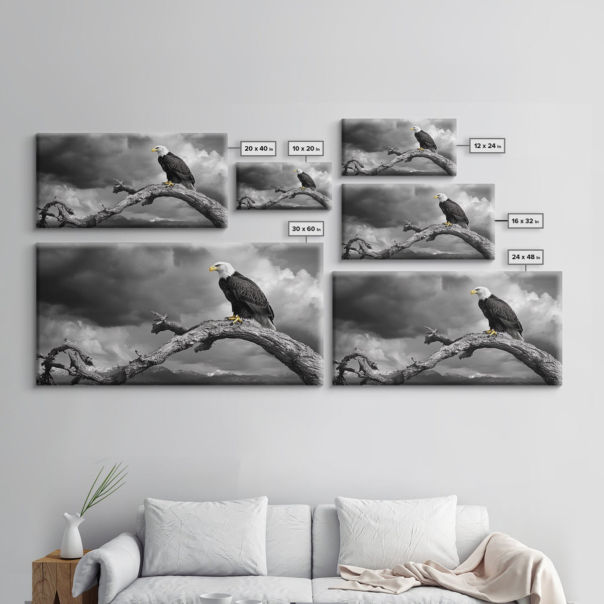 Eagle, Branch, Storm, Power and grace collide in this Framed Canvas Print of a majestic eagle perched before a storm, Living Room Wall Art