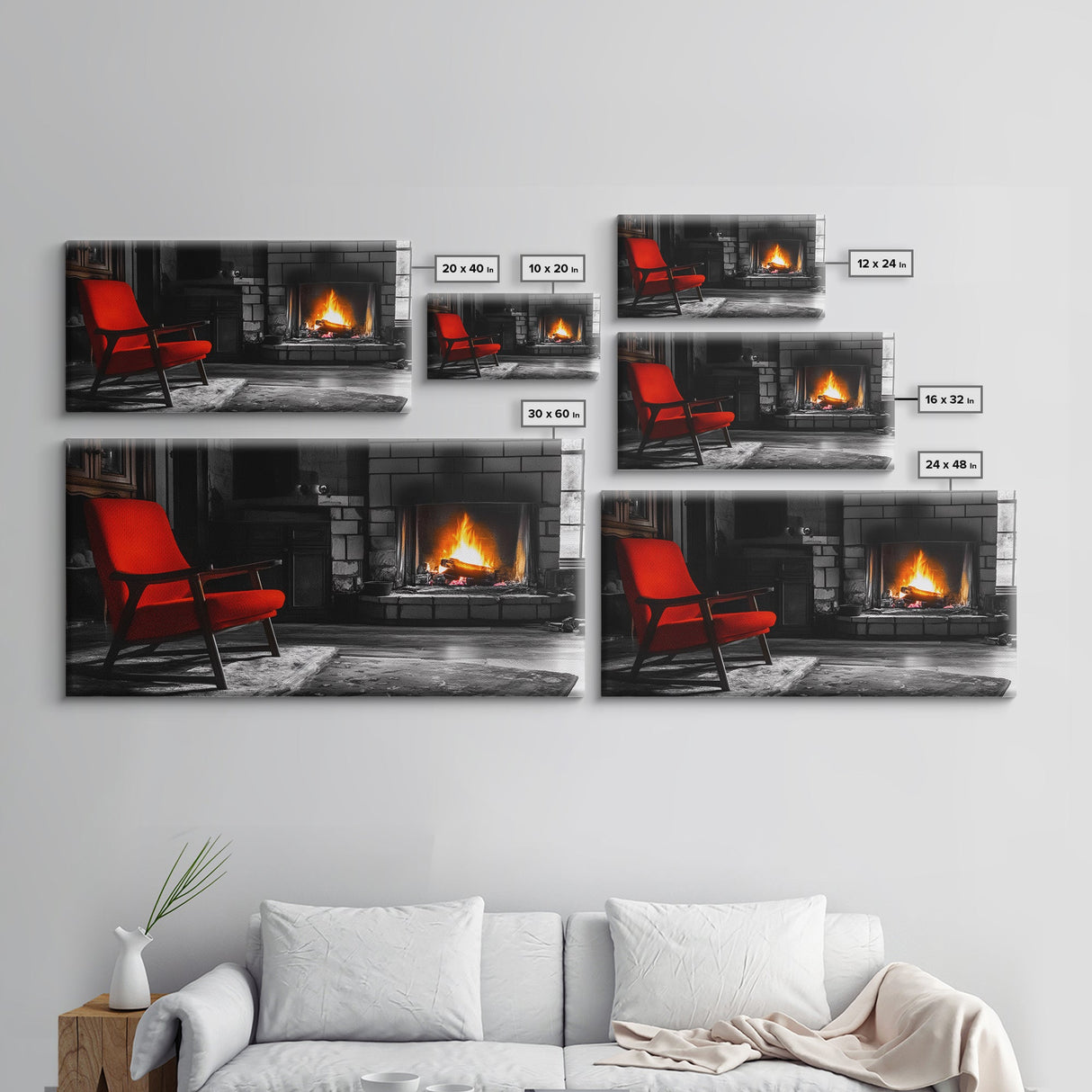 Fireplace, Red Chair, Cozy firelight and bold red accent chair on this Framed Canvas Print, Cozy Fall Living Room Art, Cabin Decor Accent