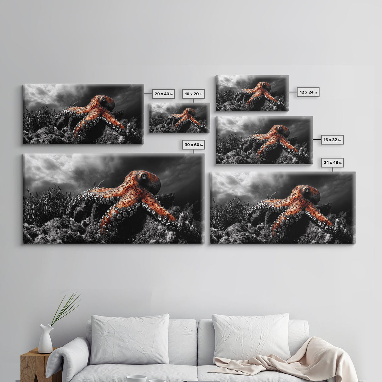 Octopus Ocean, Sea Creature Art, Deep Sea Wall Art, Marine Decor, Framed Canvas Print, Bathroom Wall Art, Moody Nautical, Coastal Vibes