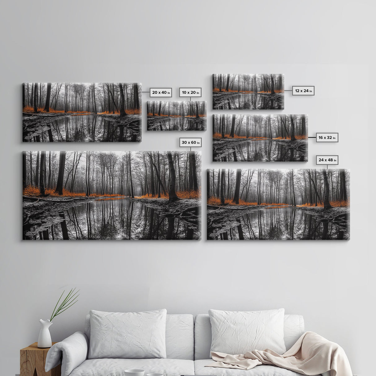 Reflected Forest, Orange Leaves, Tranquil River, Monochrome Fall, Canvas Print, Rustic Decor, Bedroom Wall Art, Woodland Scene