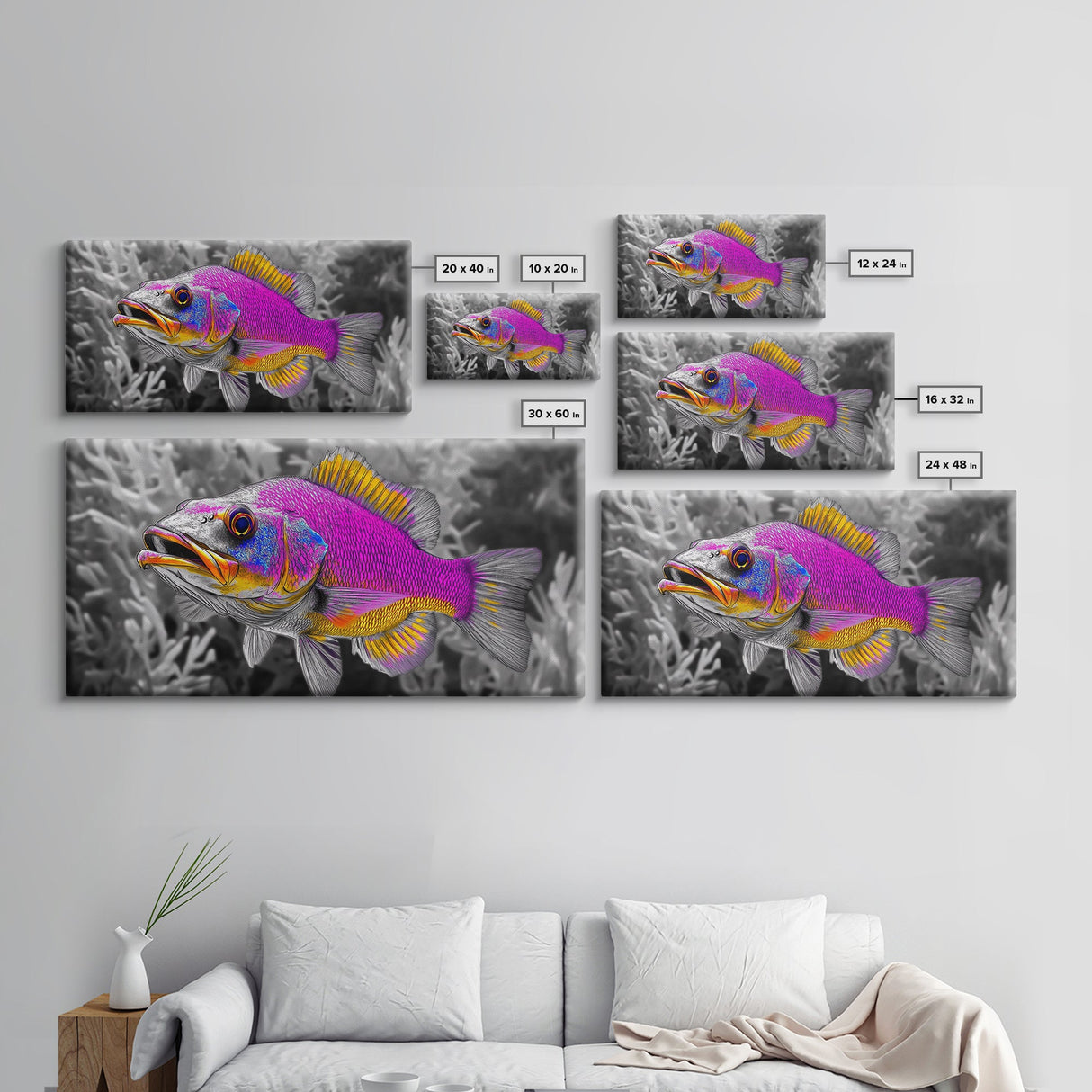 Neon Fish, Vibrant Sea Life, Underwater Wall Art, Ocean Fantasy, Framed Canvas Print, Kids Room Decor, Tropical Pop Art, Bold Colors