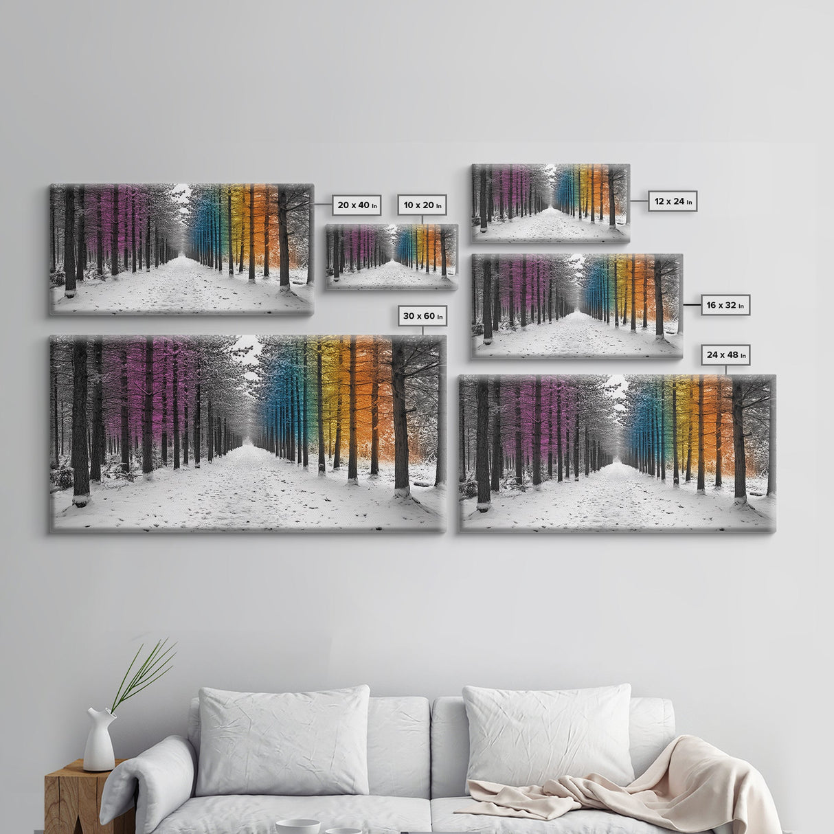 Snowy Pines, Rainbow Forest, Winter Walkway, Colorful Trees, Canvas Print, Whimsical Art, Nursery Wall Art, Minimalist Nature Style