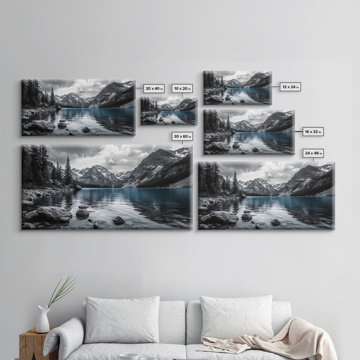 Tranquil Lake, Mountain View, Nature Calm, Winter Reflections, Framed Canvas Print, Living Room Wall Art, Serene Landscape Photography