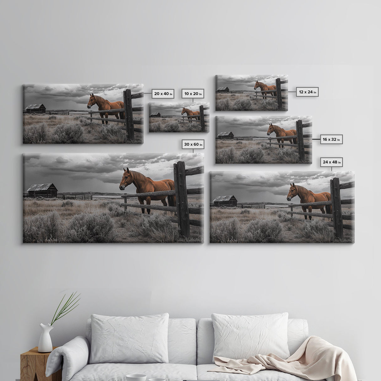 Rustic Horse, Country Fence, Western Scene, Moody Skies – Framed Canvas Print, Farmhouse Wall Art, Autumn Decor, Cabin Living, Cowboy Vibe