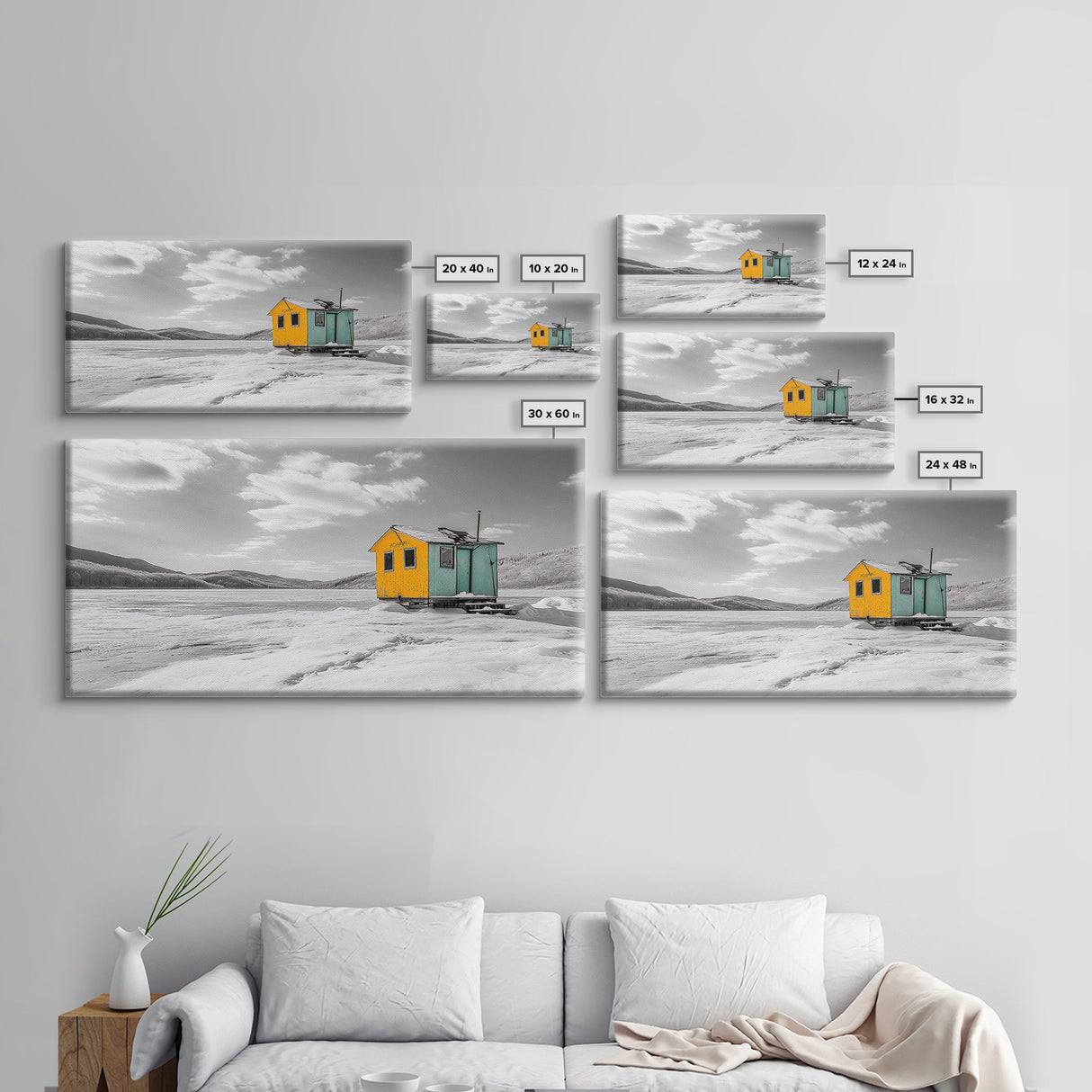 Yellow Cabin, Frozen Lake, Snowy Escape, Winter Minimalism – Framed Canvas Print, Scandinavian Wall Art, Cozy Living Room, Nordic Style