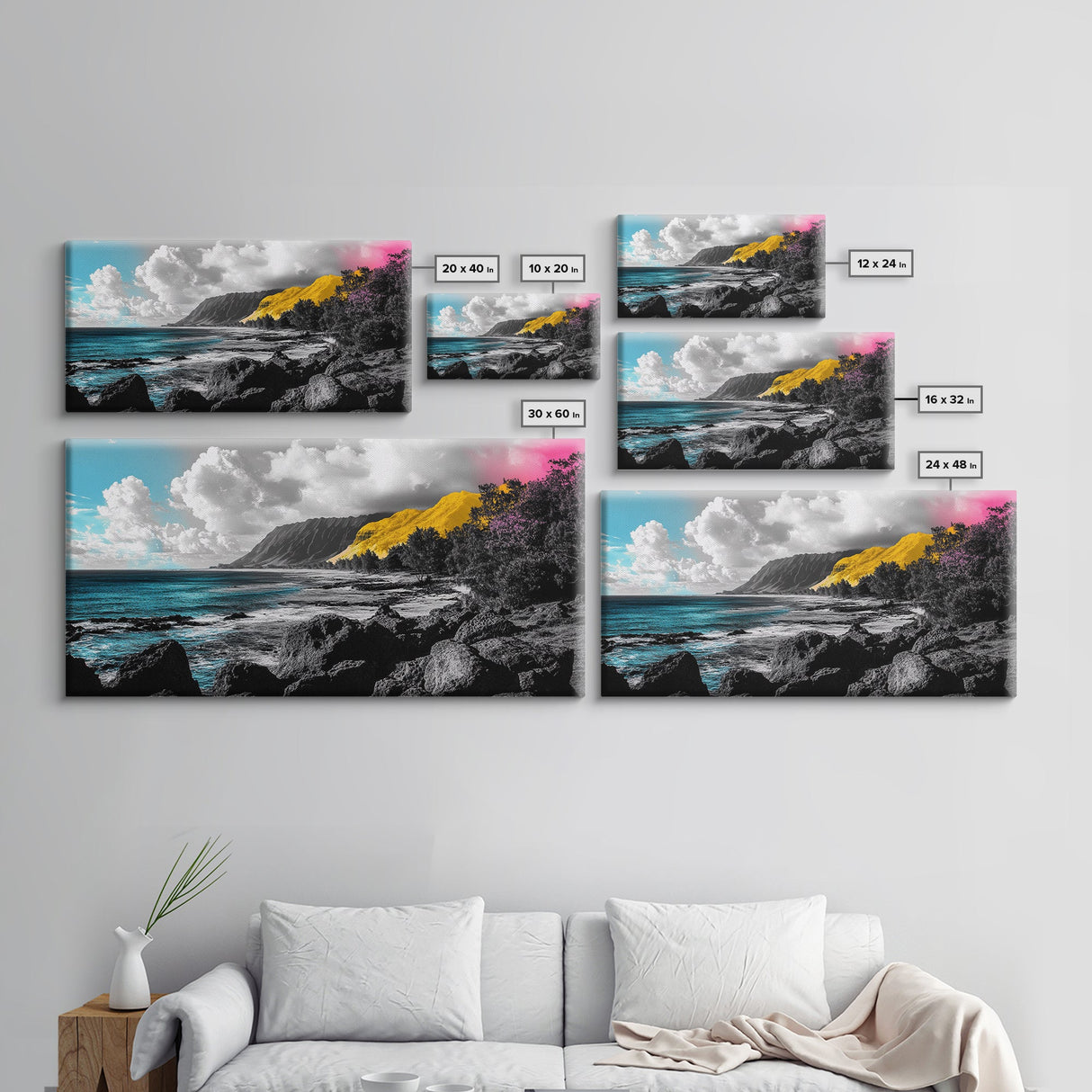 Vibrant Coastline, Yellow Cliff, Blue Ocean, Tropical Escape – Framed Canvas Print, Beach Wall Art, Boho Decor, Hawaii Inspired Room Vibe