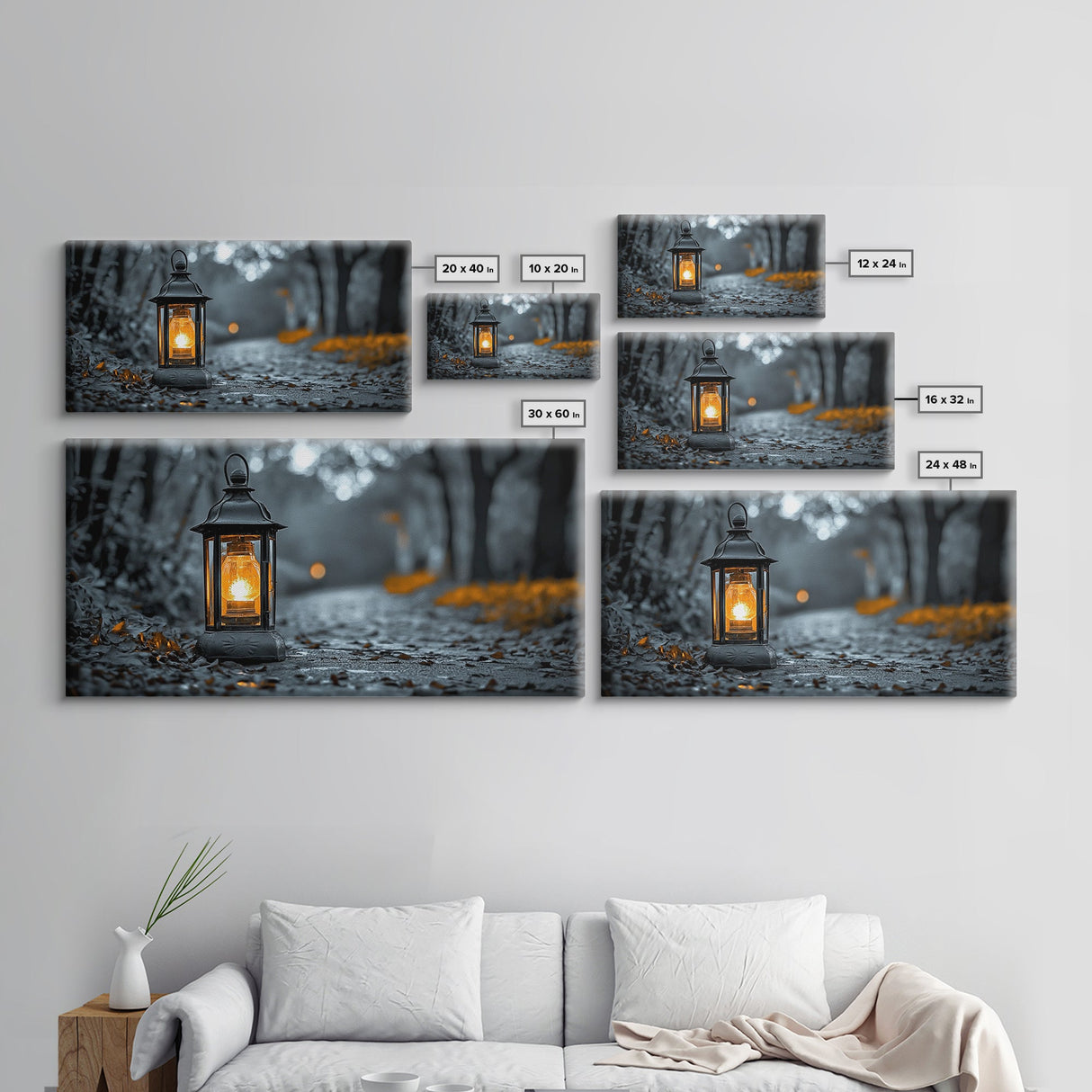 Lantern Glow, Forest Trail, Autumn Leaves, Soft Light, Framed Canvas Print, Fall Wall Art, Rustic Entryway Decor, Nature Photography Print