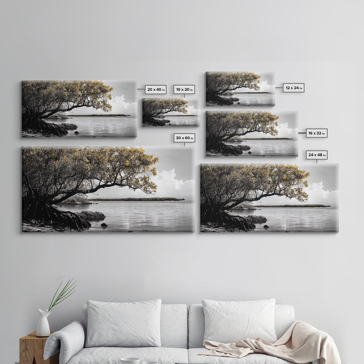 Mangrove Tree, Coastal Roots, Golden Leaves, Ocean View, Framed Canvas Print, Beach House Art, Nature Wall Decor, Minimal Coastal Vibe