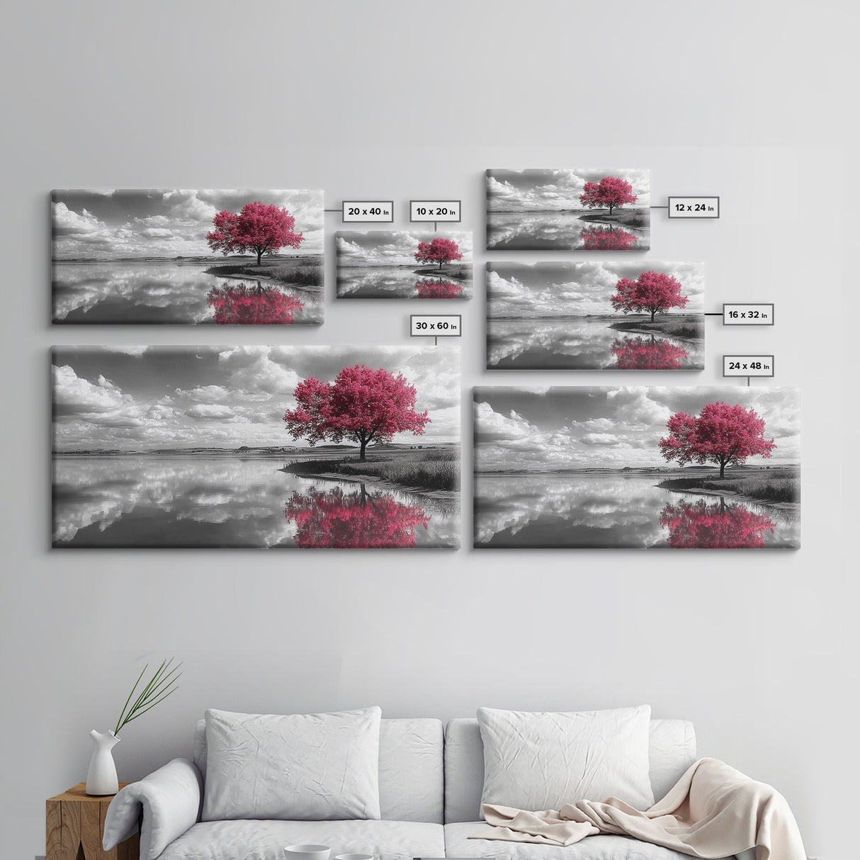 Pink Tree Reflections, Minimal Nature Art, Monochrome Landscape Canvas Print, Tranquil Bedroom or Living Room Wall Decor