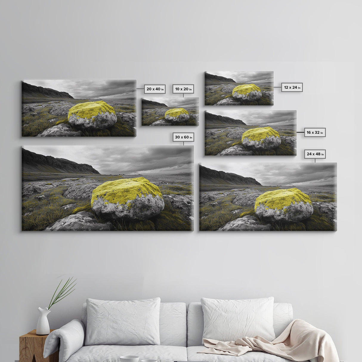 Yellow Moss Rock, Moody Nature Photography, Icelandic Landscape Art, Wilderness Inspired Canvas Print, Rustic Cabin Wall Decor