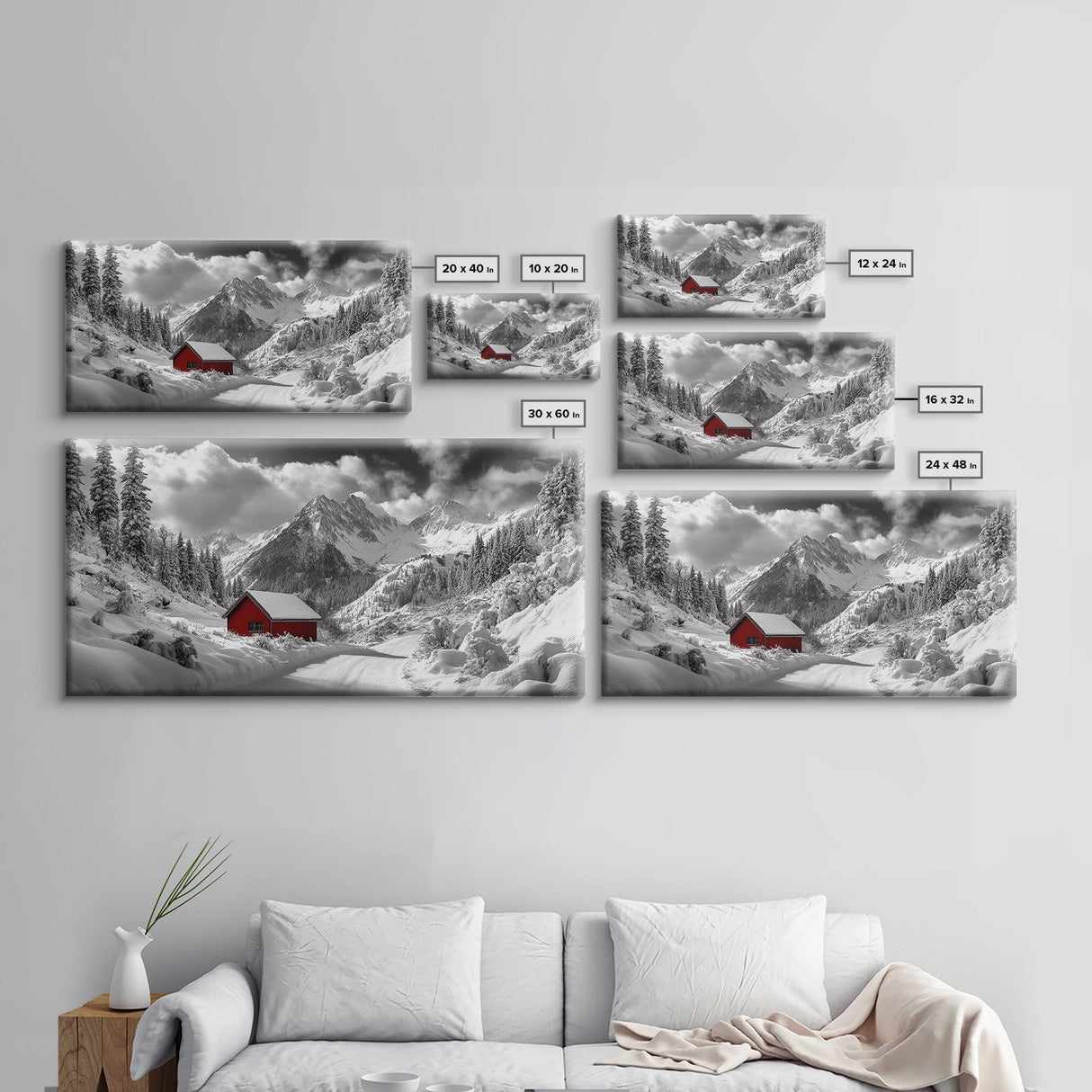 Red Cabin, Winter Mountains, Snow Forest, Canvas Print, Christmas Wall Art, Rustic Lodge Decor, Landscape Photography, Bedroom Art