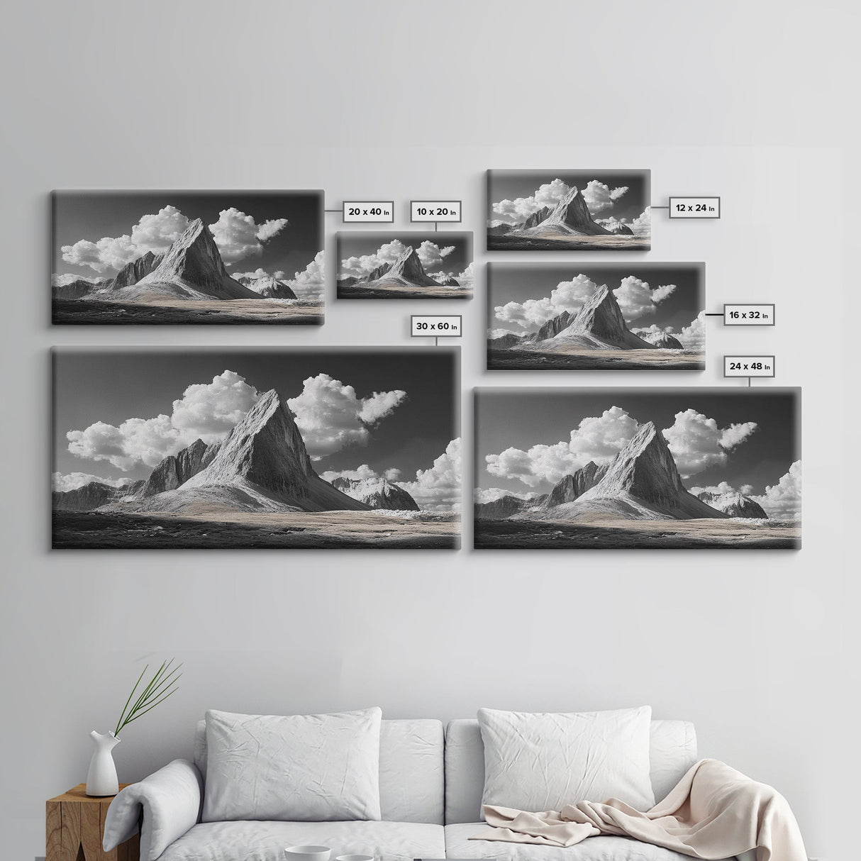 Dramatic Peak, Cloudy Sky, Monochrome Nature, Canvas Print, Minimalist Mountain Wall Art, Office Decor, Black White Landscape