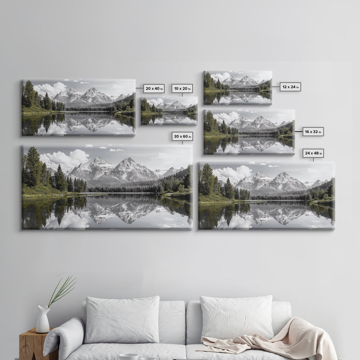 Serene Lake, Snowy Peaks, Forest Reflection, Canvas Print, Nature Photography, Modern Living Room Art, Black White Green Decor