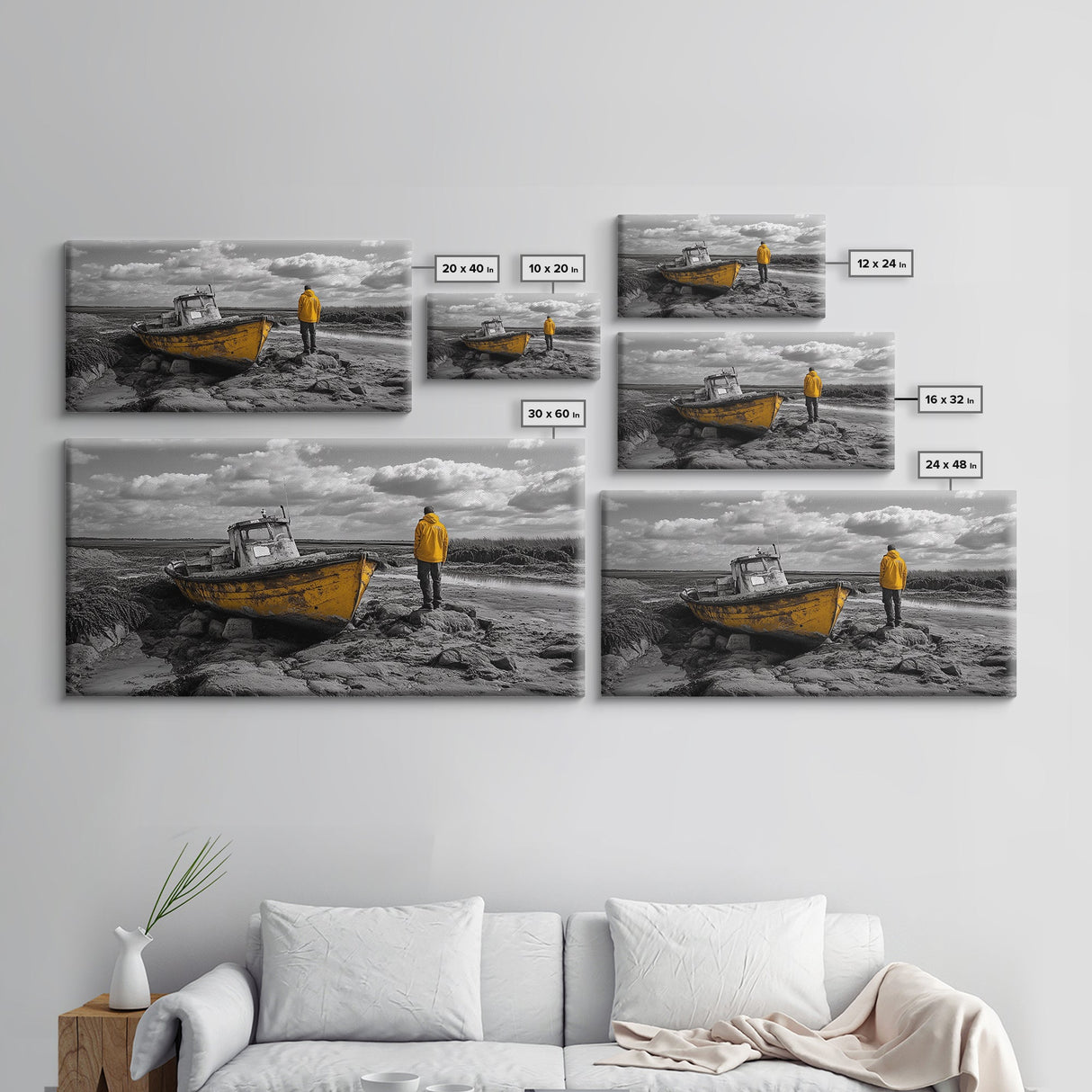 Yellow Boat, Lonely Man, Moody Shore, Framed Canvas Print, Coastal Wall Art, Nautical Decor, Masculine Home Office Style