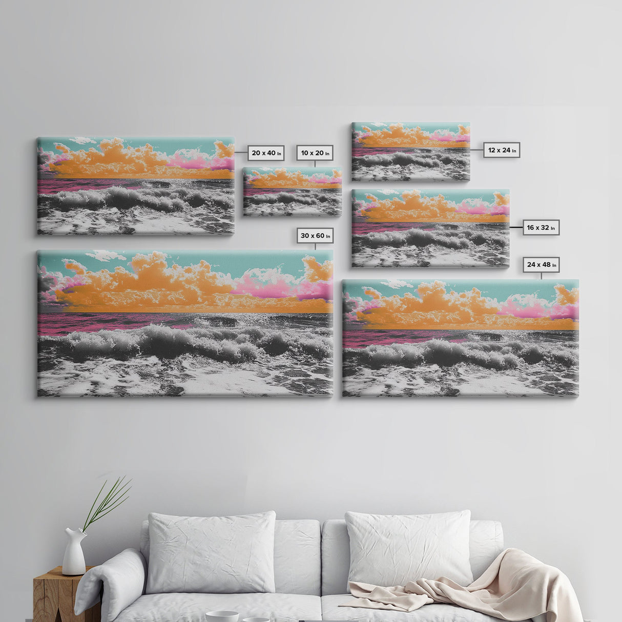 Vibrant Ocean, Sunset Sky, Colorful Waves, Canvas Print, Surreal Coastal Wall Art, Bathroom Decor, Modern Beach Aesthetic