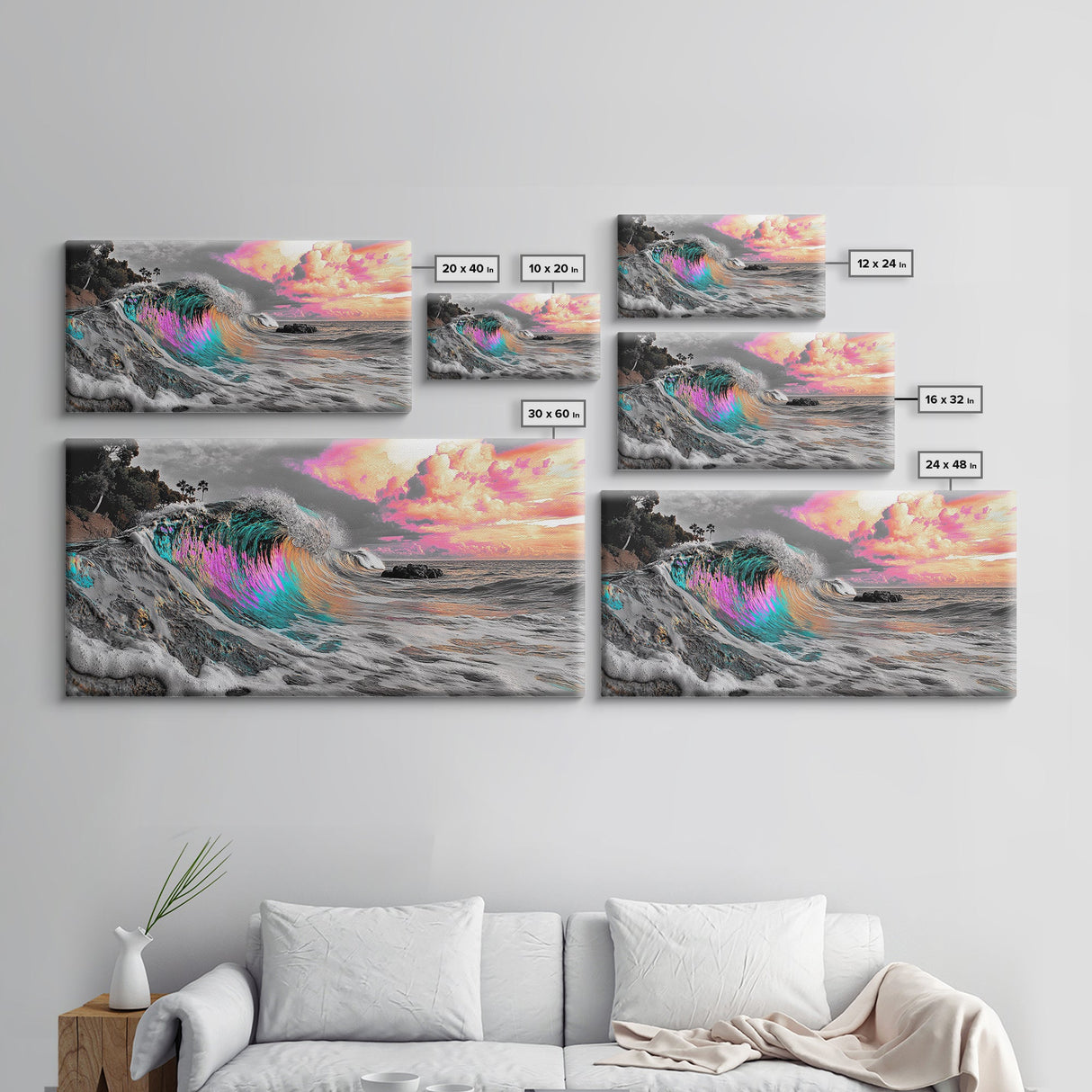 Neon Wave, Tropical Sunset, Bold Ocean Art, Framed Canvas Print, Color Pop Wall Decor, Surfer Room Style, Coastal Vibe Art