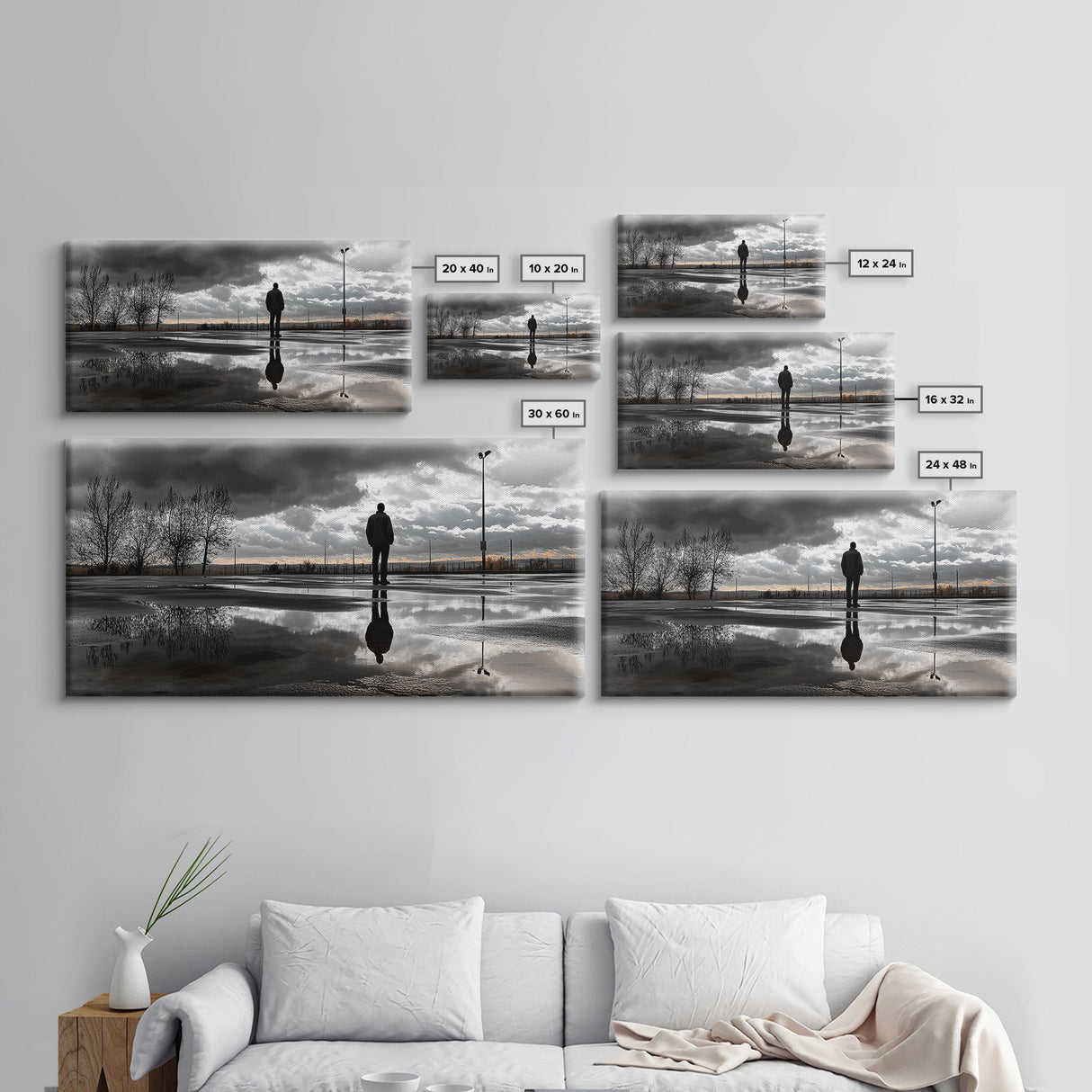 Solitude Reflection, Urban Mood, Moody Skies, Canvas Print, Modern Wall Art, Entryway Decor, Urban Photography, Minimalist Art, Rainy Day Art
