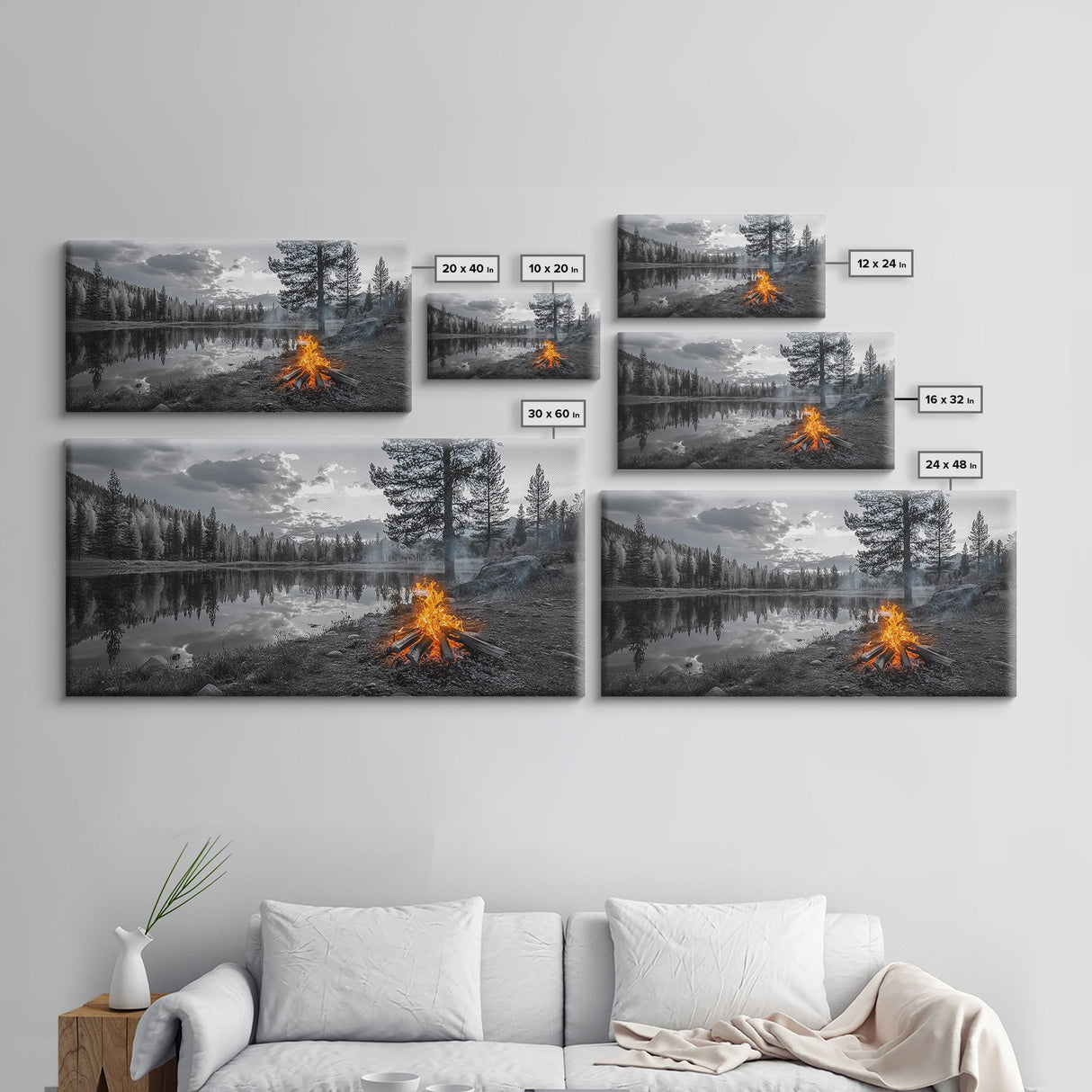 Campfire Sunset, Lake Reflections, Wilderness Escape, Nature Serenity, Framed Canvas Print, Rustic Decor, Autumn Wall Art, Living Room