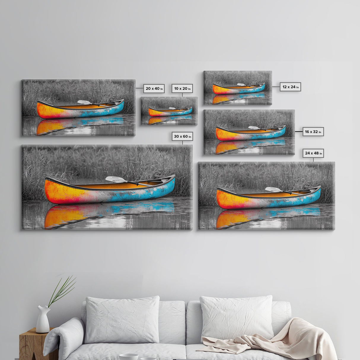 Painted Canoe, River Reflections, Nature Boating, Color Pop Art, Canvas Print, Lakeside Wall Decor, Adventure Theme, Rustic Office Art