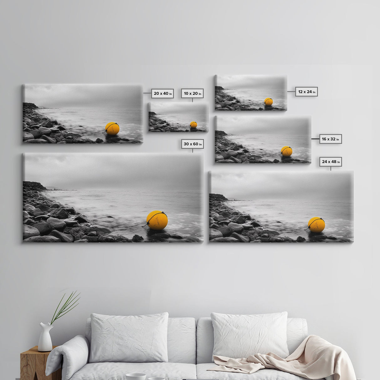 Yellow Buoy, Ocean Minimalism, Coastal Calm, Seaside Solitude, Canvas Print beach house wall decor, black and white modern art